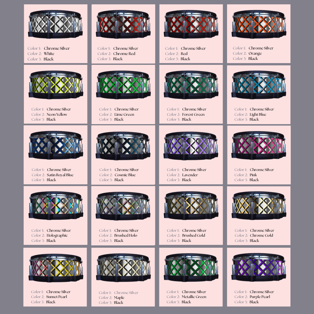 Easy-to-install vinyl snare drum wrap color catalogue featuring a wide range of color and pattern options, perfect for drummers looking to personalize their snare drum with unique designs.