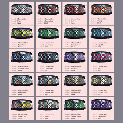Easy-to-install vinyl snare drum wrap color catalogue featuring a wide range of color and pattern options, perfect for drummers looking to personalize their snare drum with unique designs.