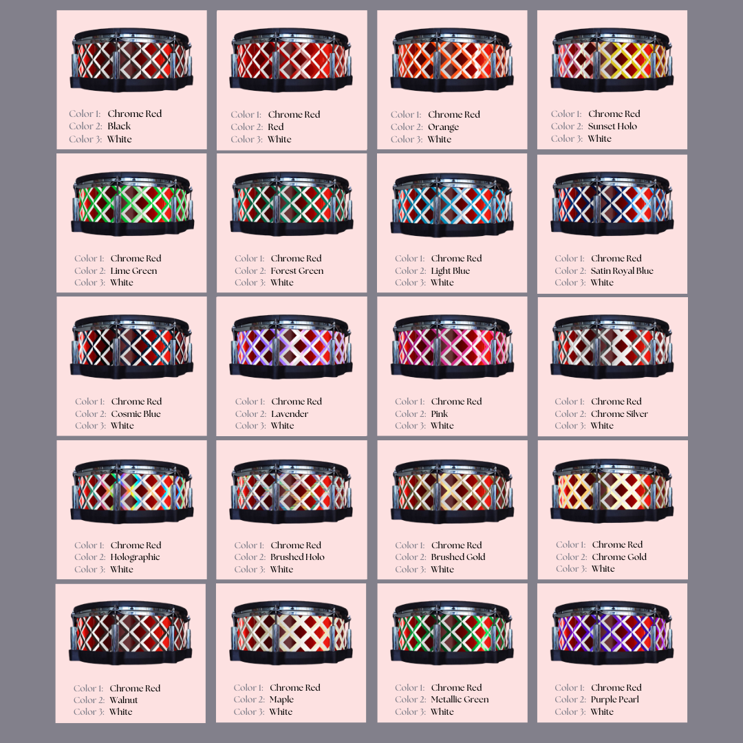 Easy-to-install vinyl snare drum wrap color catalogue featuring a wide range of color and pattern options, perfect for drummers looking to personalize their snare drum with unique designs.