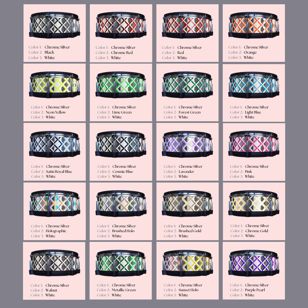 Easy-to-install vinyl snare drum wrap color catalogue featuring a wide range of color and pattern options, perfect for drummers looking to personalize their snare drum with unique designs.