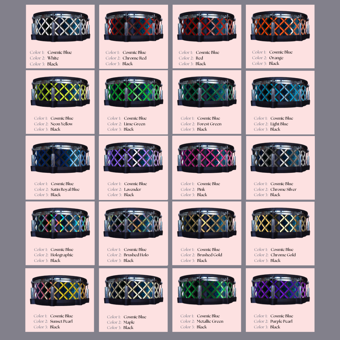 Easy-to-install vinyl snare drum wrap color catalogue featuring a wide range of color and pattern options, perfect for drummers looking to personalize their snare drum with unique designs.