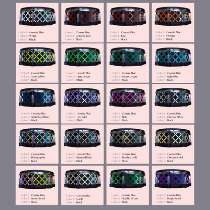 Easy-to-install vinyl snare drum wrap color catalogue featuring a wide range of color and pattern options, perfect for drummers looking to personalize their snare drum with unique designs.