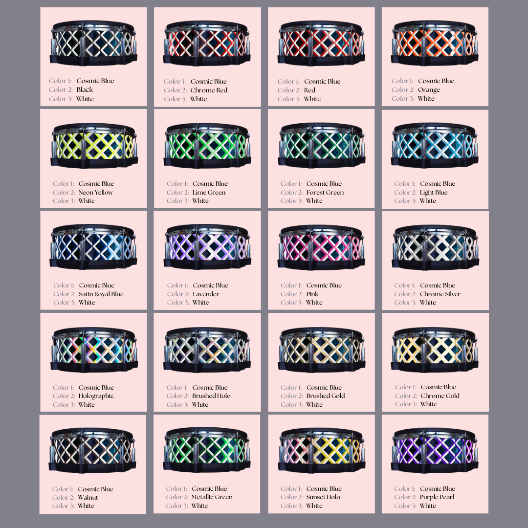 Easy-to-install vinyl snare drum wrap color catalogue featuring a wide range of color and pattern options, perfect for drummers looking to personalize their snare drum with unique designs.