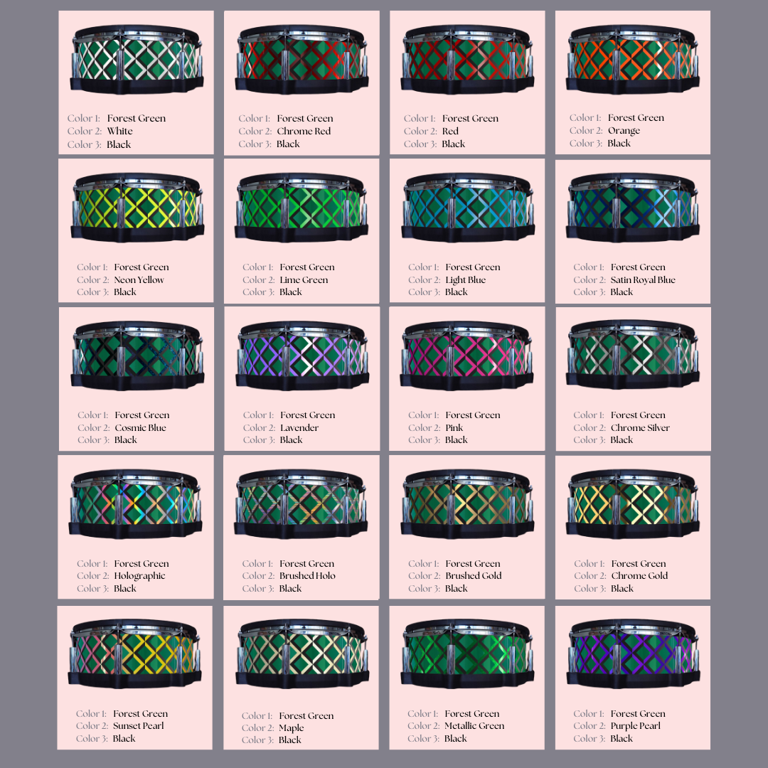 Easy-to-install vinyl snare drum wrap color catalogue featuring a wide range of color and pattern options, perfect for drummers looking to personalize their snare drum with unique designs.