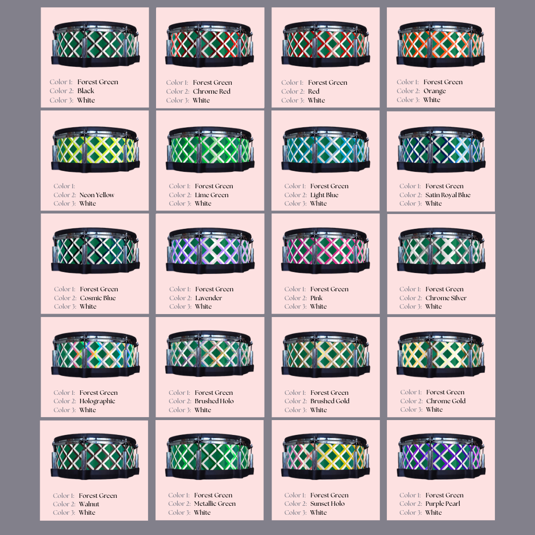 Easy-to-install vinyl snare drum wrap color catalogue featuring a wide range of color and pattern options, perfect for drummers looking to personalize their snare drum with unique designs.
