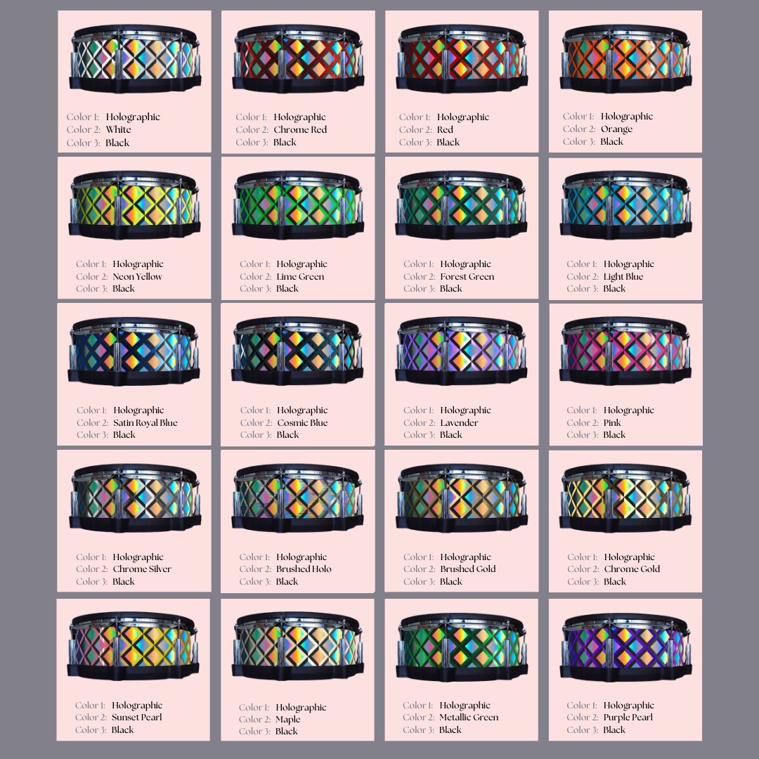Easy-to-install vinyl snare drum wrap color catalogue featuring a wide range of color and pattern options, perfect for drummers looking to personalize their snare drum with unique designs.