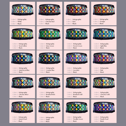 Easy-to-install vinyl snare drum wrap color catalogue featuring a wide range of color and pattern options, perfect for drummers looking to personalize their snare drum with unique designs.