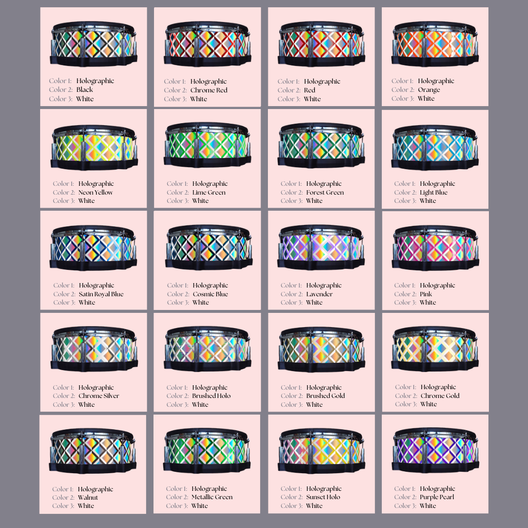 Easy-to-install vinyl snare drum wrap color catalogue featuring a wide range of color and pattern options, perfect for drummers looking to personalize their snare drum with unique designs.