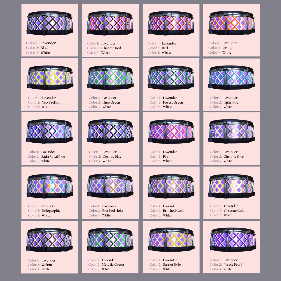 Easy-to-install vinyl snare drum wrap color catalogue featuring a wide range of color and pattern options, perfect for drummers looking to personalize their snare drum with unique designs.