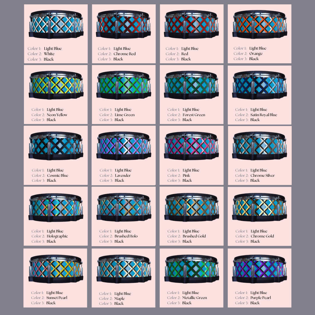 Easy-to-install vinyl snare drum wrap color catalogue featuring a wide range of color and pattern options, perfect for drummers looking to personalize their snare drum with unique designs.