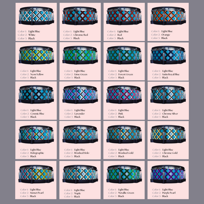 Easy-to-install vinyl snare drum wrap color catalogue featuring a wide range of color and pattern options, perfect for drummers looking to personalize their snare drum with unique designs.