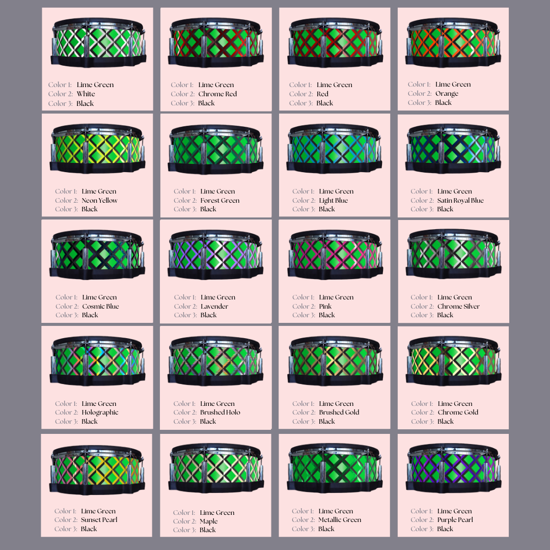 Easy-to-install vinyl snare drum wrap color catalogue featuring a wide range of color and pattern options, perfect for drummers looking to personalize their snare drum with unique designs.