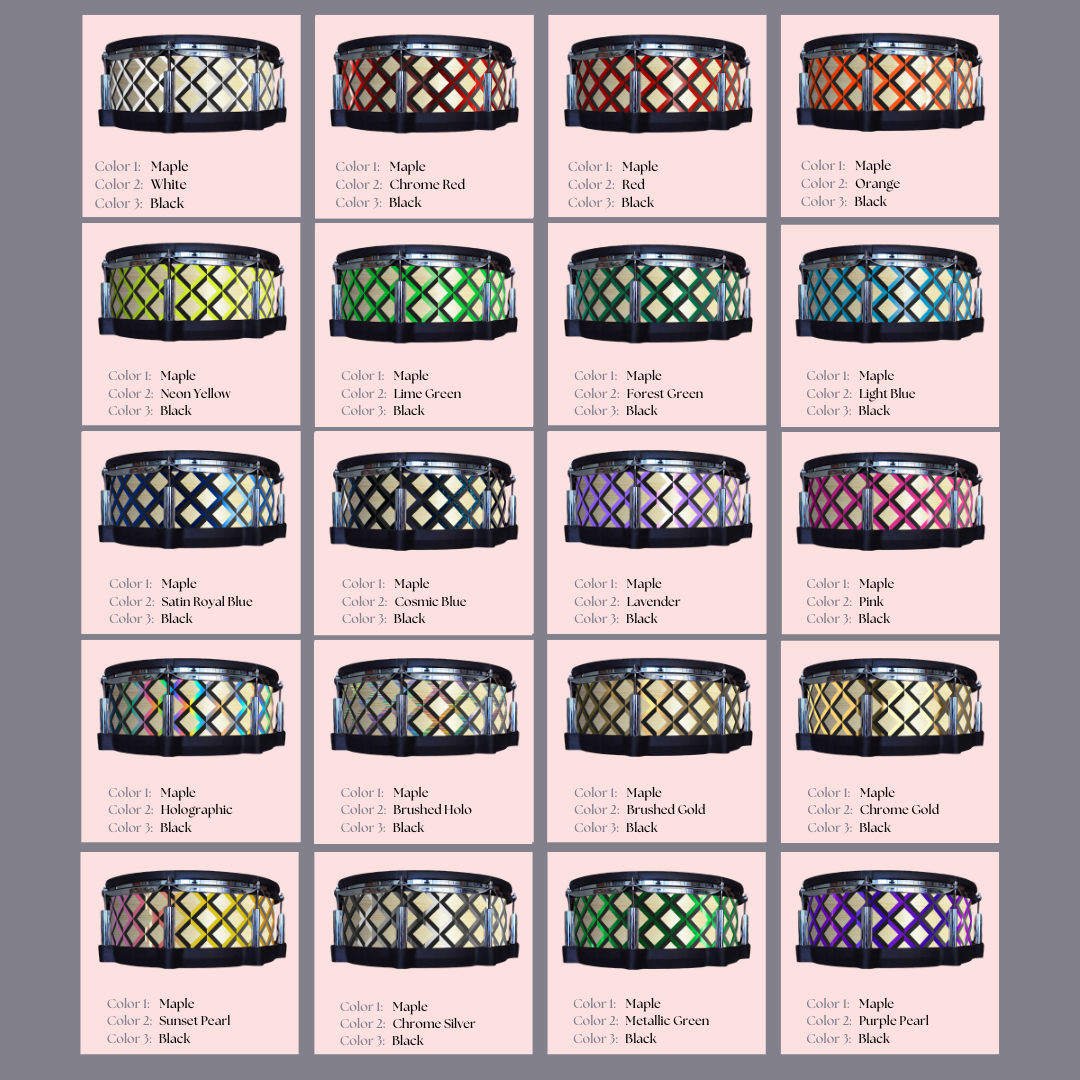 Easy-to-install vinyl snare drum wrap color catalogue featuring a wide range of color and pattern options, perfect for drummers looking to personalize their snare drum with unique designs.