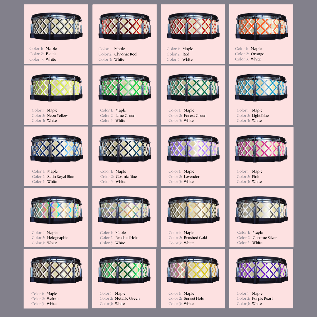 Easy-to-install vinyl snare drum wrap color catalogue featuring a wide range of color and pattern options, perfect for drummers looking to personalize their snare drum with unique designs.