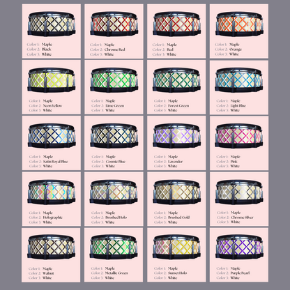 Easy-to-install vinyl snare drum wrap color catalogue featuring a wide range of color and pattern options, perfect for drummers looking to personalize their snare drum with unique designs.