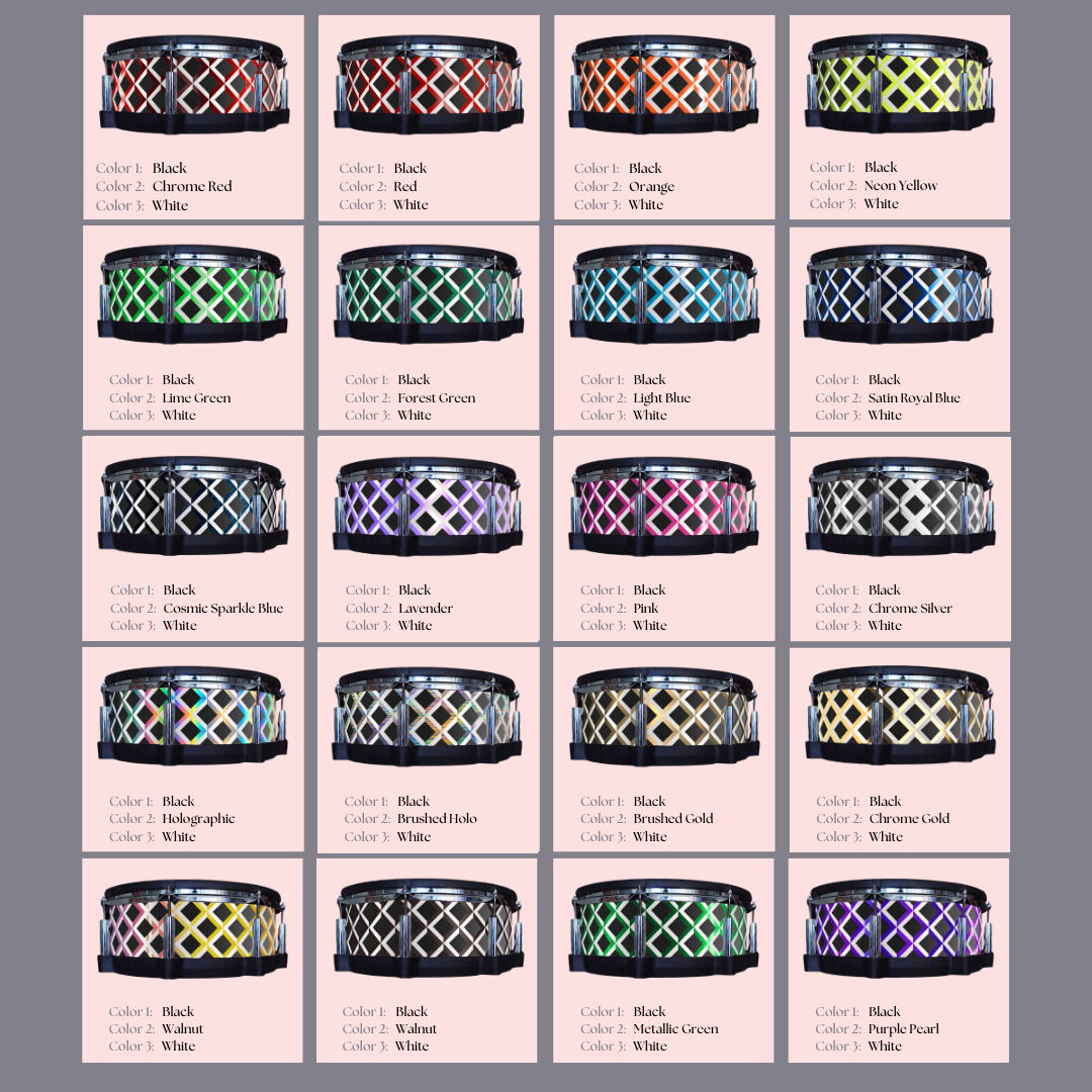 Easy-to-install vinyl snare drum wrap color catalogue featuring a wide range of color and pattern options, perfect for drummers looking to personalize their snare drum with unique designs.