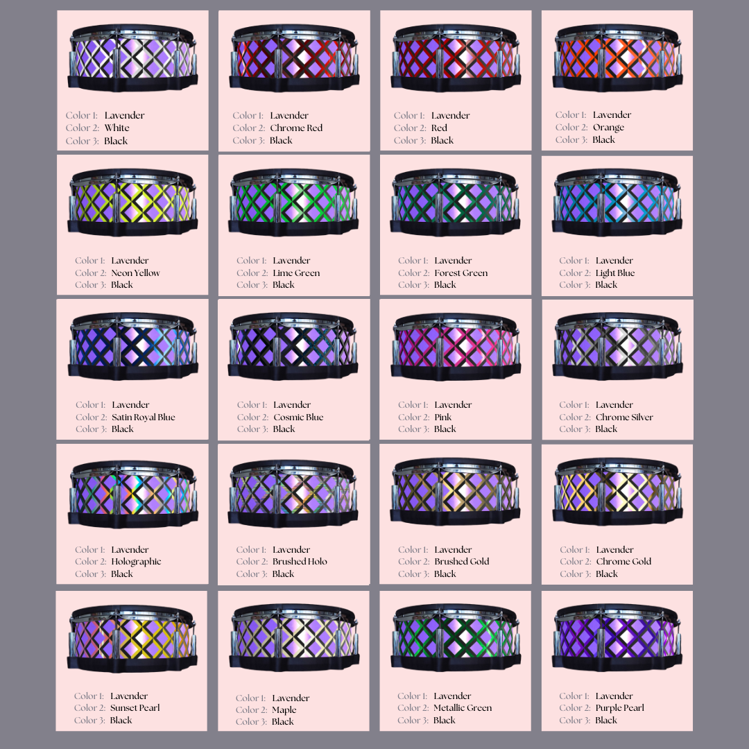 Easy-to-install vinyl snare drum wrap color catalogue featuring a wide range of color and pattern options, perfect for drummers looking to personalize their snare drum with unique designs.