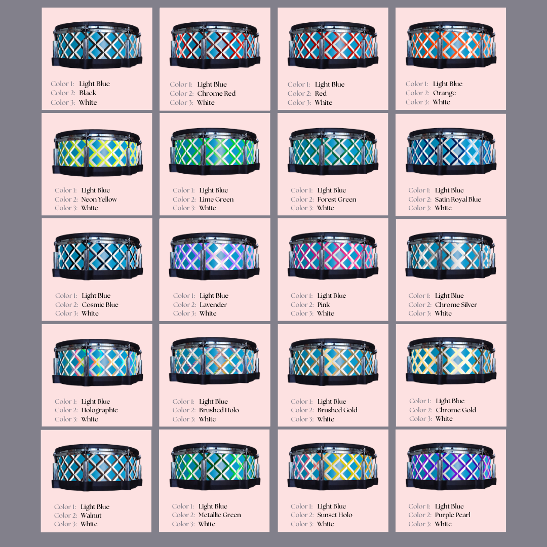 Easy-to-install vinyl snare drum wrap color catalogue featuring a wide range of color and pattern options, perfect for drummers looking to personalize their snare drum with unique designs.