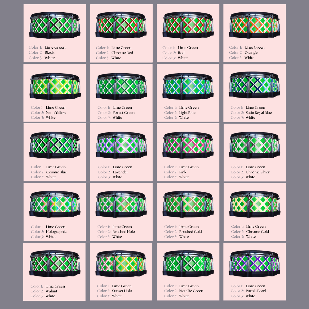 Easy-to-install vinyl snare drum wrap color catalogue featuring a wide range of color and pattern options, perfect for drummers looking to personalize their snare drum with unique designs.