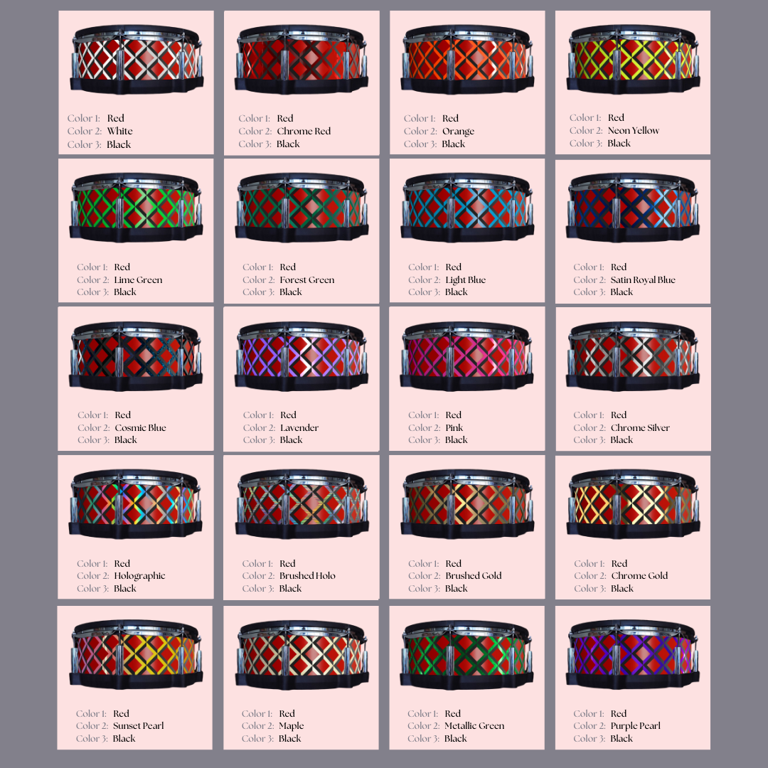 Easy-to-install vinyl snare drum wrap color catalogue featuring a wide range of color and pattern options, perfect for drummers looking to personalize their snare drum with unique designs.