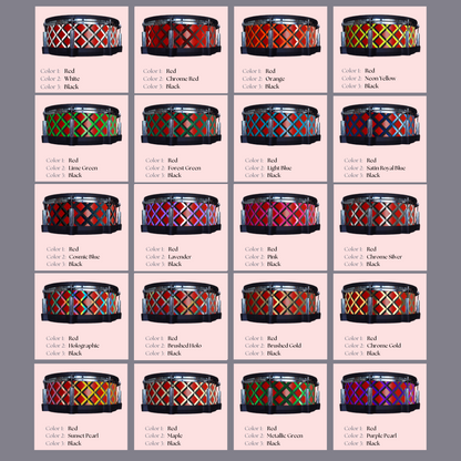 Easy-to-install vinyl snare drum wrap color catalogue featuring a wide range of color and pattern options, perfect for drummers looking to personalize their snare drum with unique designs.