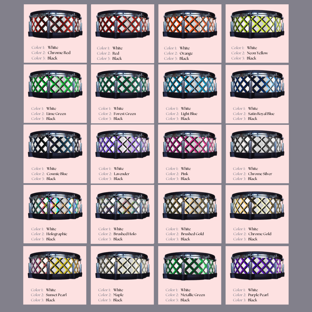 Easy-to-install vinyl snare drum wrap color catalogue featuring a wide range of color and pattern options, perfect for drummers looking to personalize their snare drum with unique designs.