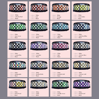 Easy-to-install vinyl snare drum wrap color catalogue featuring a wide range of color and pattern options, perfect for drummers looking to personalize their snare drum with unique designs.