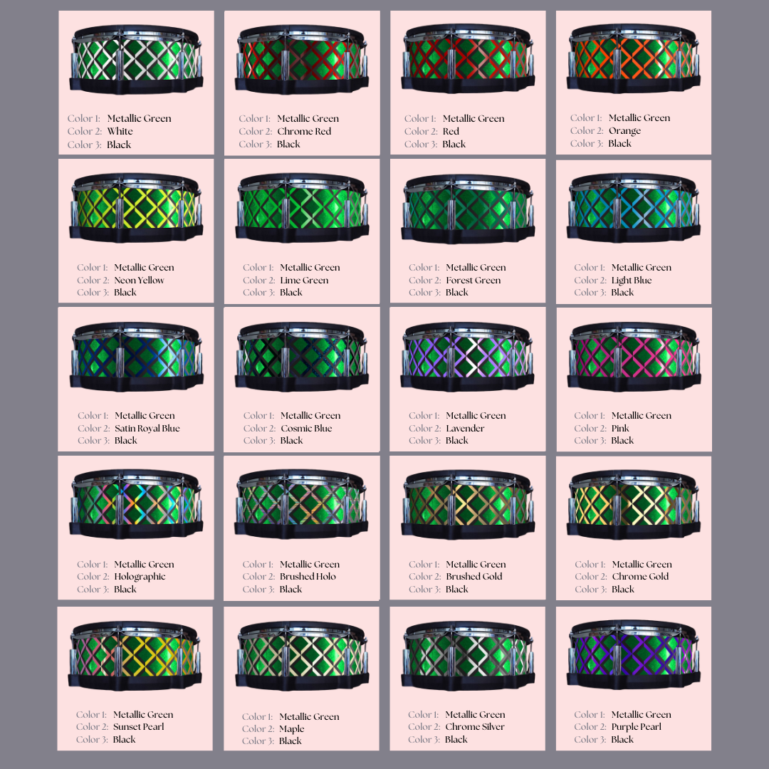 Easy-to-install vinyl snare drum wrap color catalogue featuring a wide range of color and pattern options, perfect for drummers looking to personalize their snare drum with unique designs.
