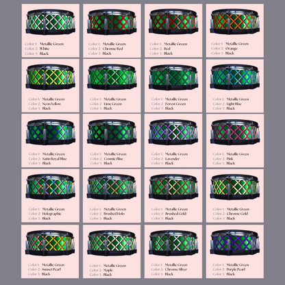 Easy-to-install vinyl snare drum wrap color catalogue featuring a wide range of color and pattern options, perfect for drummers looking to personalize their snare drum with unique designs.