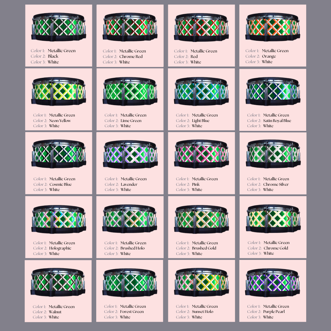 Easy-to-install vinyl snare drum wrap color catalogue featuring a wide range of color and pattern options, perfect for drummers looking to personalize their snare drum with unique designs.