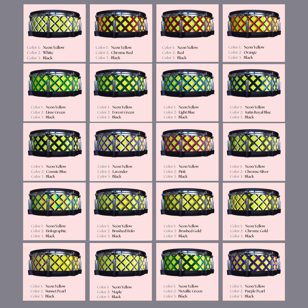 Easy-to-install vinyl snare drum wrap color catalogue featuring a wide range of color and pattern options, perfect for drummers looking to personalize their snare drum with unique designs.