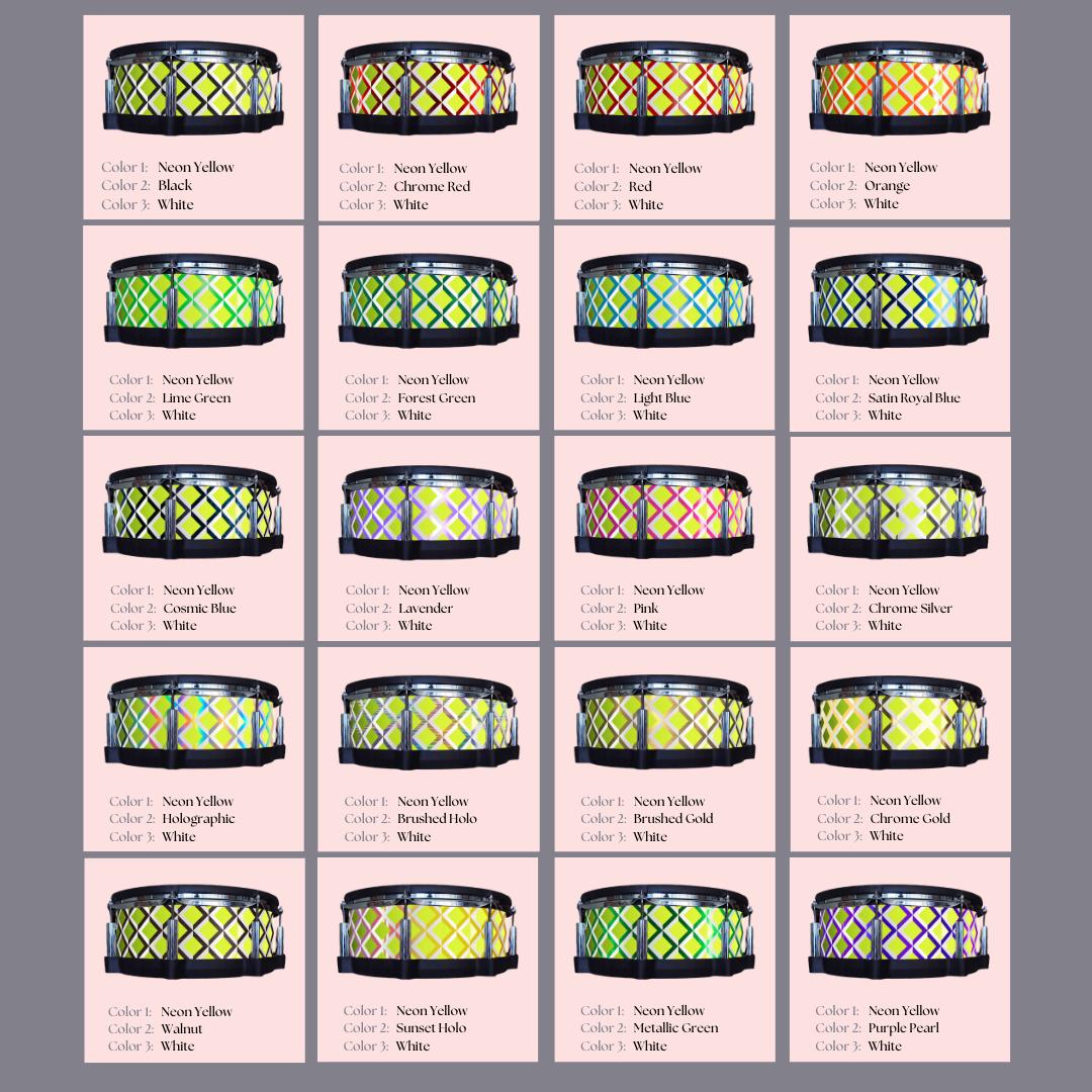Easy-to-install vinyl snare drum wrap color catalogue featuring a wide range of color and pattern options, perfect for drummers looking to personalize their snare drum with unique designs.