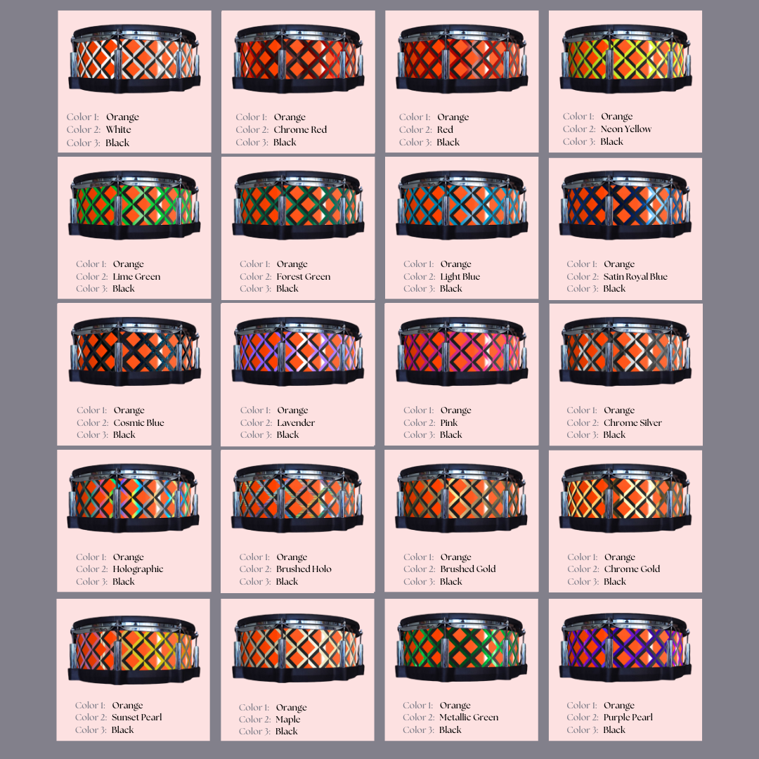 Easy-to-install vinyl snare drum wrap color catalogue featuring a wide range of color and pattern options, perfect for drummers looking to personalize their snare drum with unique designs.