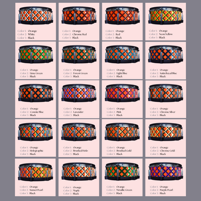 Easy-to-install vinyl snare drum wrap color catalogue featuring a wide range of color and pattern options, perfect for drummers looking to personalize their snare drum with unique designs.