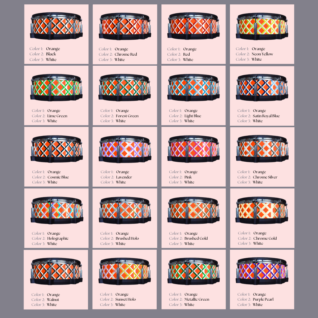 Easy-to-install vinyl snare drum wrap color catalogue featuring a wide range of color and pattern options, perfect for drummers looking to personalize their snare drum with unique designs.