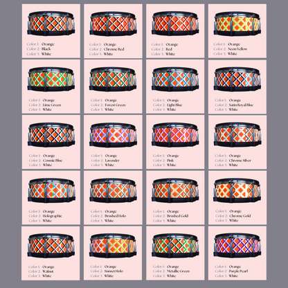 Easy-to-install vinyl snare drum wrap color catalogue featuring a wide range of color and pattern options, perfect for drummers looking to personalize their snare drum with unique designs.