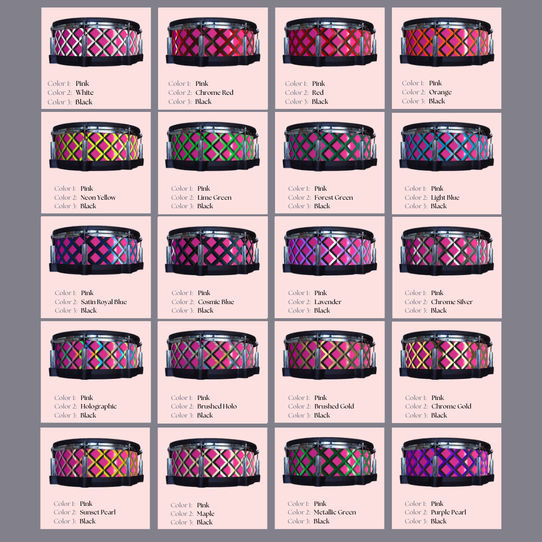 Easy-to-install vinyl snare drum wrap color catalogue featuring a wide range of color and pattern options, perfect for drummers looking to personalize their snare drum with unique designs.