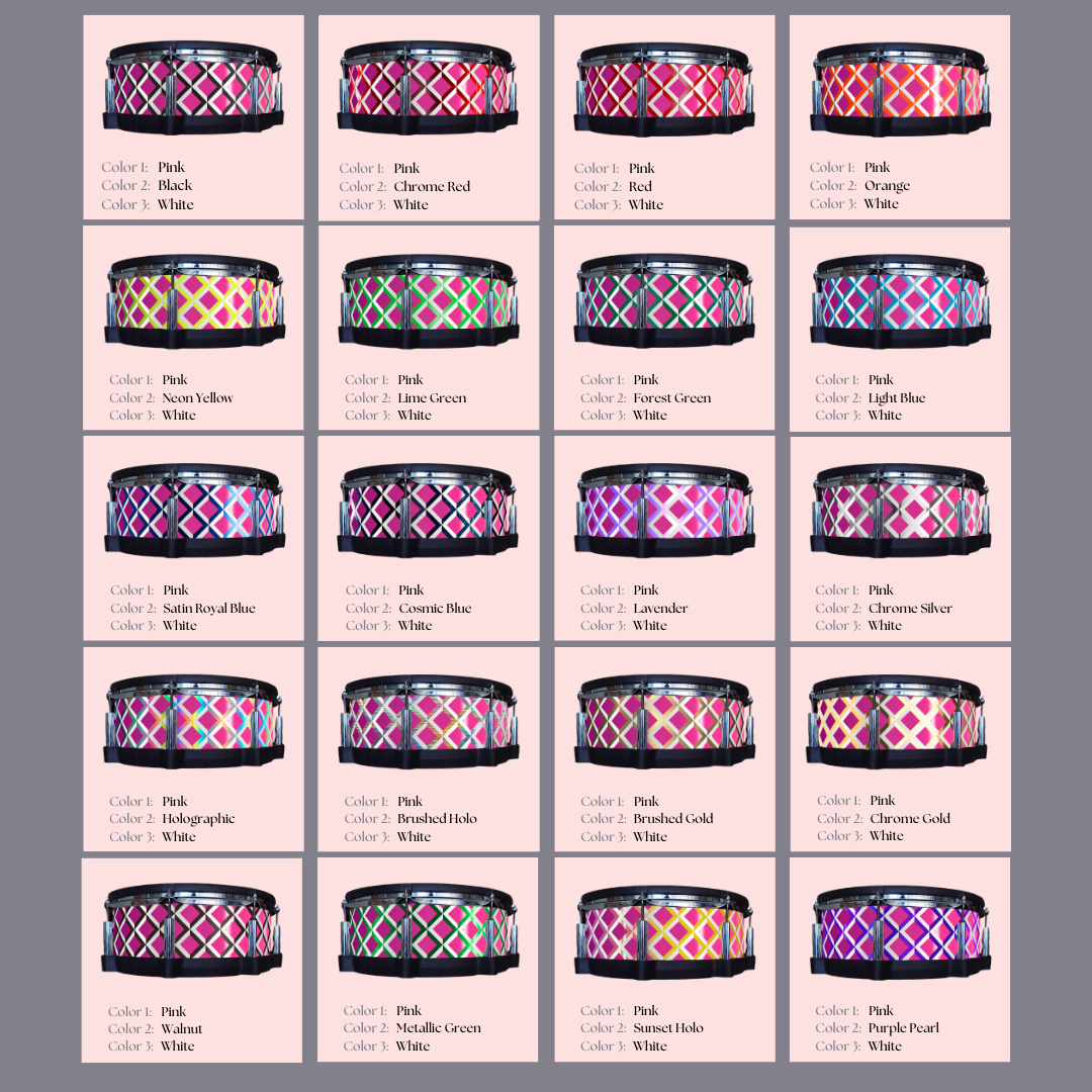 Easy-to-install vinyl snare drum wrap color catalogue featuring a wide range of color and pattern options, perfect for drummers looking to personalize their snare drum with unique designs.