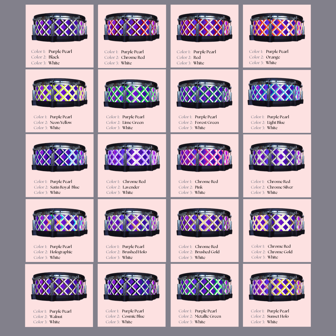 Easy-to-install vinyl snare drum wrap color catalogue featuring a wide range of color and pattern options, perfect for drummers looking to personalize their snare drum with unique designs.