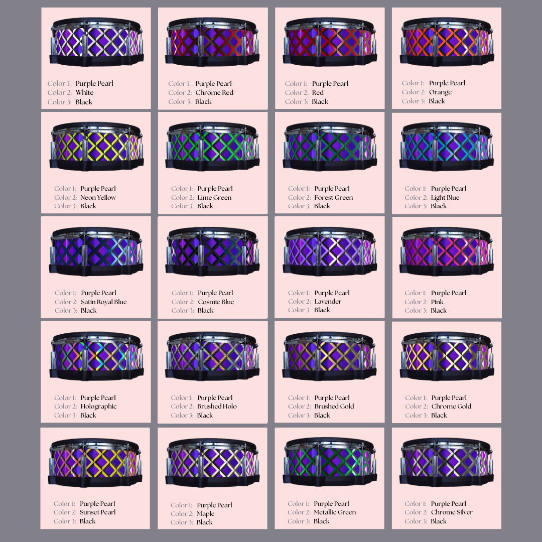 Easy-to-install vinyl snare drum wrap color catalogue featuring a wide range of color and pattern options, perfect for drummers looking to personalize their snare drum with unique designs.