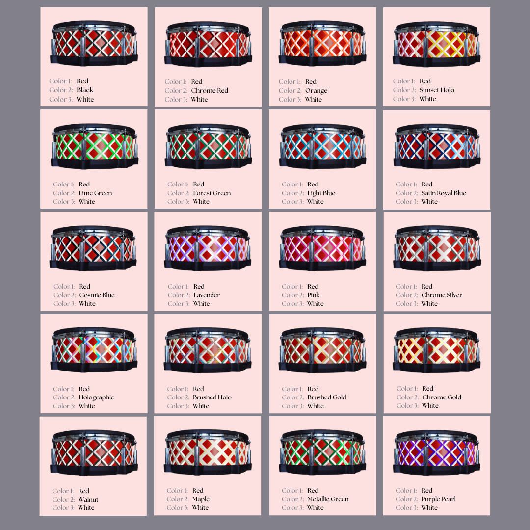 Easy-to-install vinyl snare drum wrap color catalogue featuring a wide range of color and pattern options, perfect for drummers looking to personalize their snare drum with unique designs.