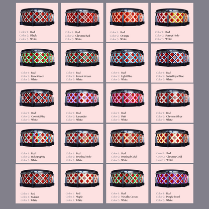 Easy-to-install vinyl snare drum wrap color catalogue featuring a wide range of color and pattern options, perfect for drummers looking to personalize their snare drum with unique designs.