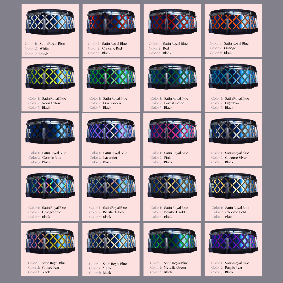 Easy-to-install vinyl snare drum wrap color catalogue featuring a wide range of color and pattern options, perfect for drummers looking to personalize their snare drum with unique designs.