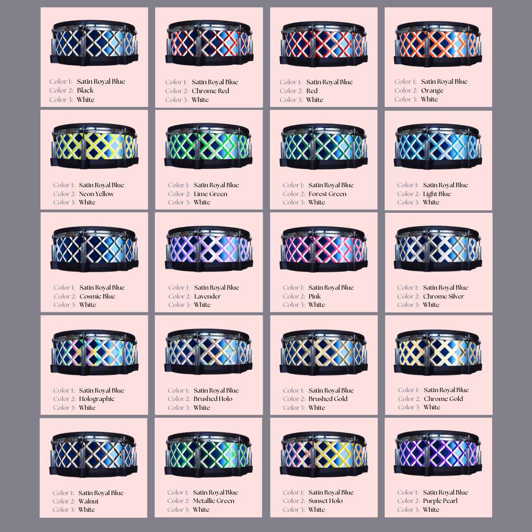 Easy-to-install vinyl snare drum wrap color catalogue featuring a wide range of color and pattern options, perfect for drummers looking to personalize their snare drum with unique designs.