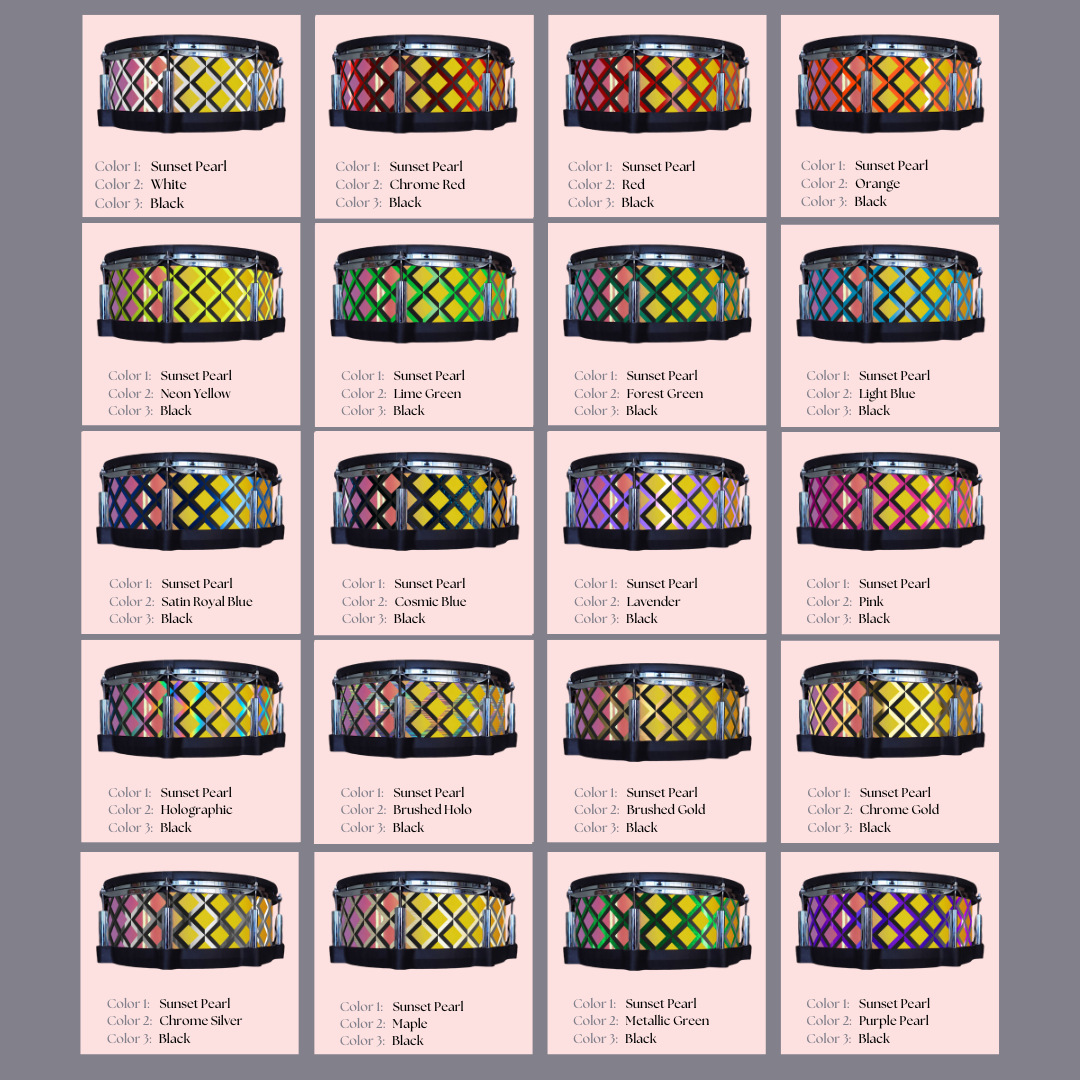 Easy-to-install vinyl snare drum wrap color catalogue featuring a wide range of color and pattern options, perfect for drummers looking to personalize their snare drum with unique designs.