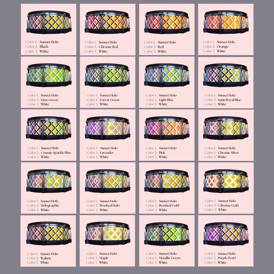 Easy-to-install vinyl snare drum wrap color catalogue featuring a wide range of color and pattern options, perfect for drummers looking to personalize their snare drum with unique designs.