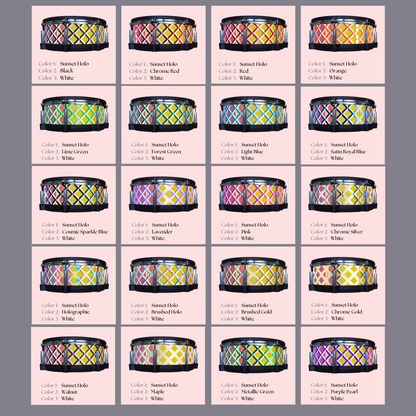 Easy-to-install vinyl snare drum wrap color catalogue featuring a wide range of color and pattern options, perfect for drummers looking to personalize their snare drum with unique designs.