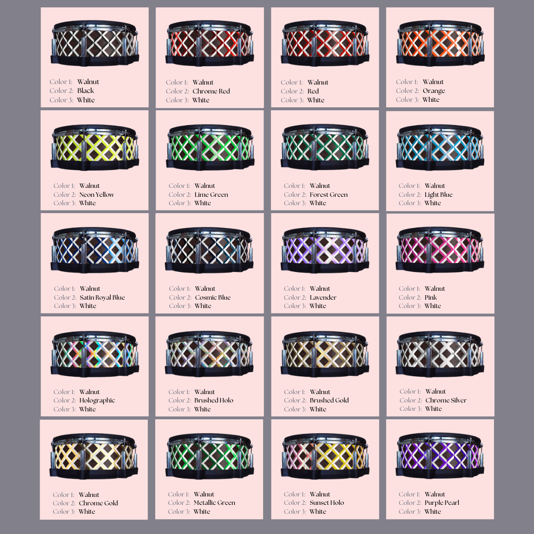 Easy-to-install vinyl snare drum wrap color catalogue featuring a wide range of color and pattern options, perfect for drummers looking to personalize their snare drum with unique designs.