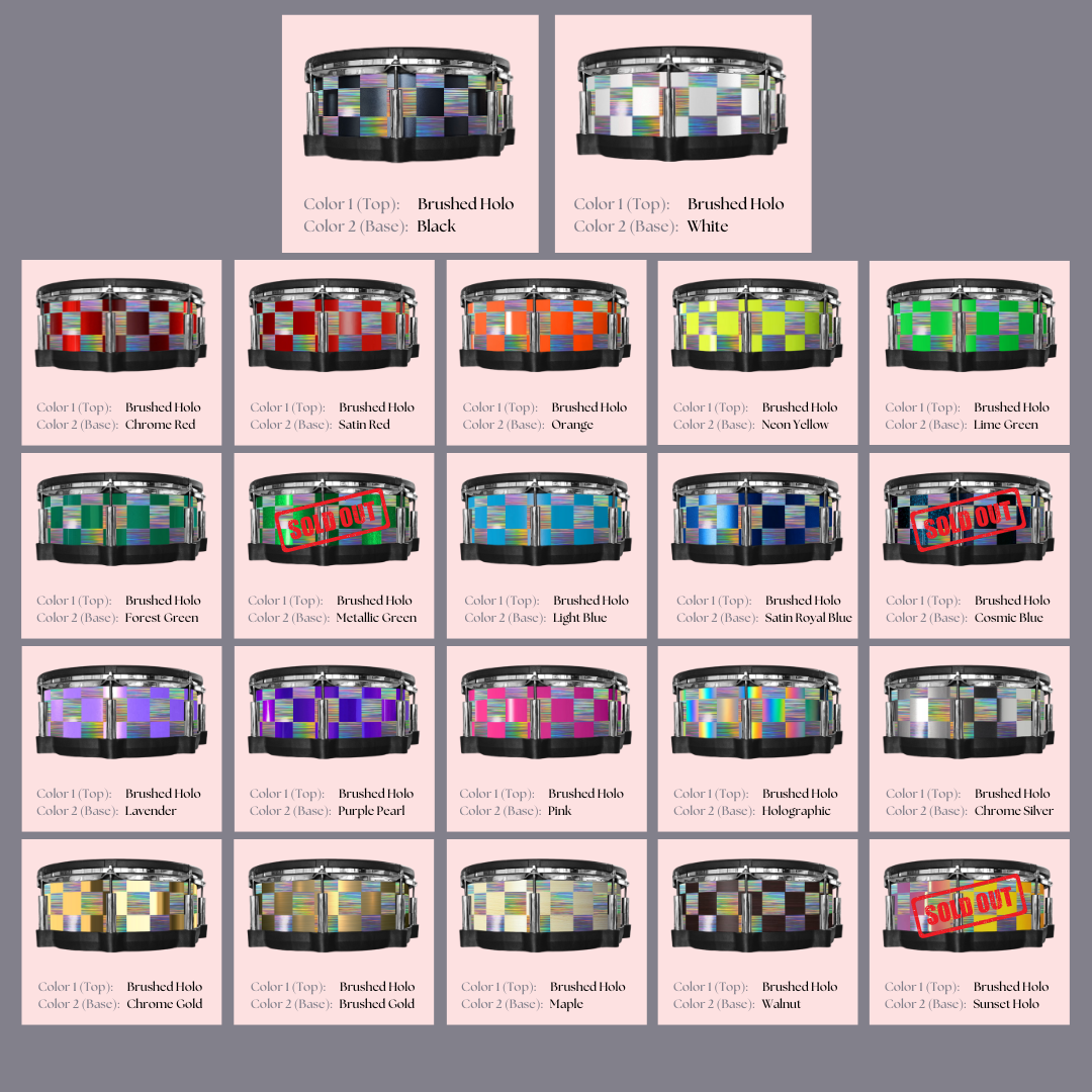 Easy-to-install vinyl snare drum wrap color catalogue featuring a wide range of color and pattern options, perfect for drummers looking to personalize their snare drum with unique designs.