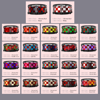 Easy-to-install vinyl snare drum wrap color catalogue featuring a wide range of color and pattern options, perfect for drummers looking to personalize their snare drum with unique designs.